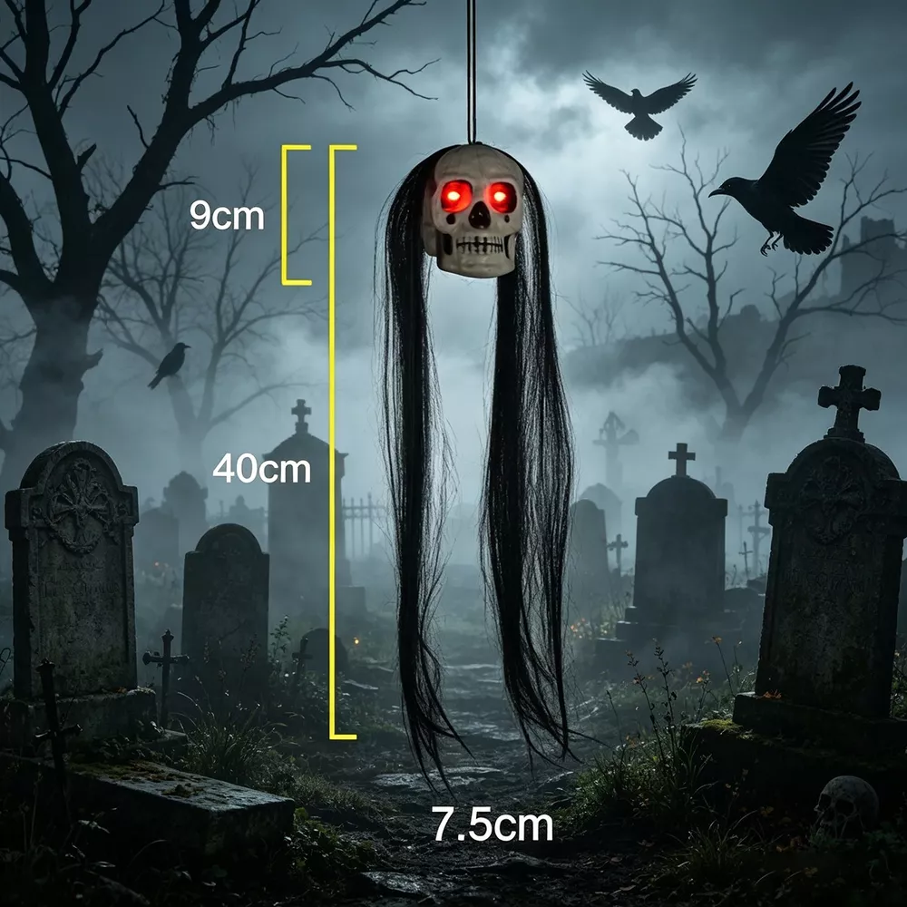 Halloween Hanging Dual-Skull with Glowing Eyes and Long Hair, image 8