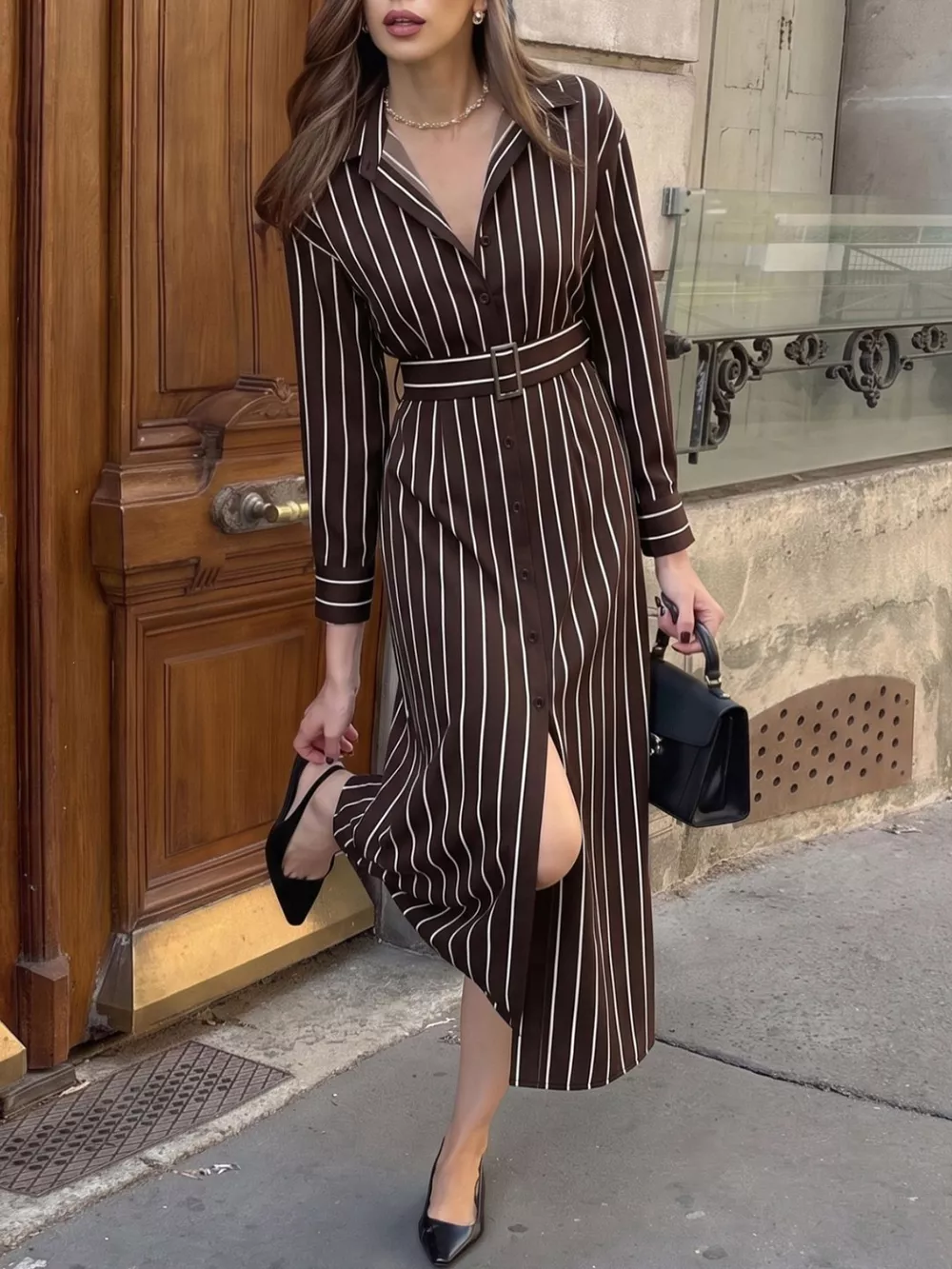 Striped Long Sleeve Belted Shirt Dress, image 4