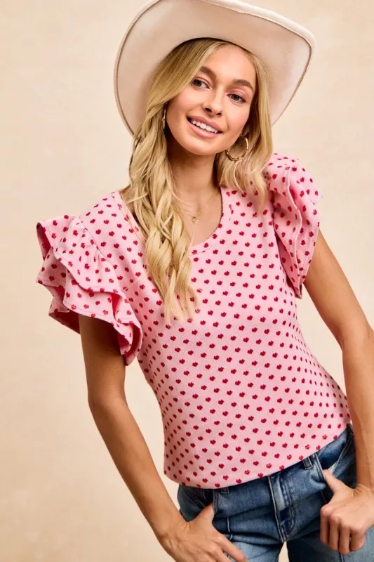 Heart Patterned Knit Ruffled Sleeves Top, image 4