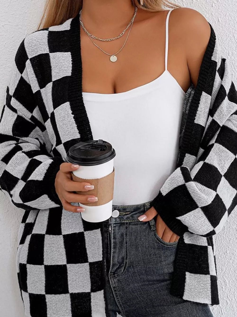 Checkerboard Pattern Open Front Knit Cardigan, image 4