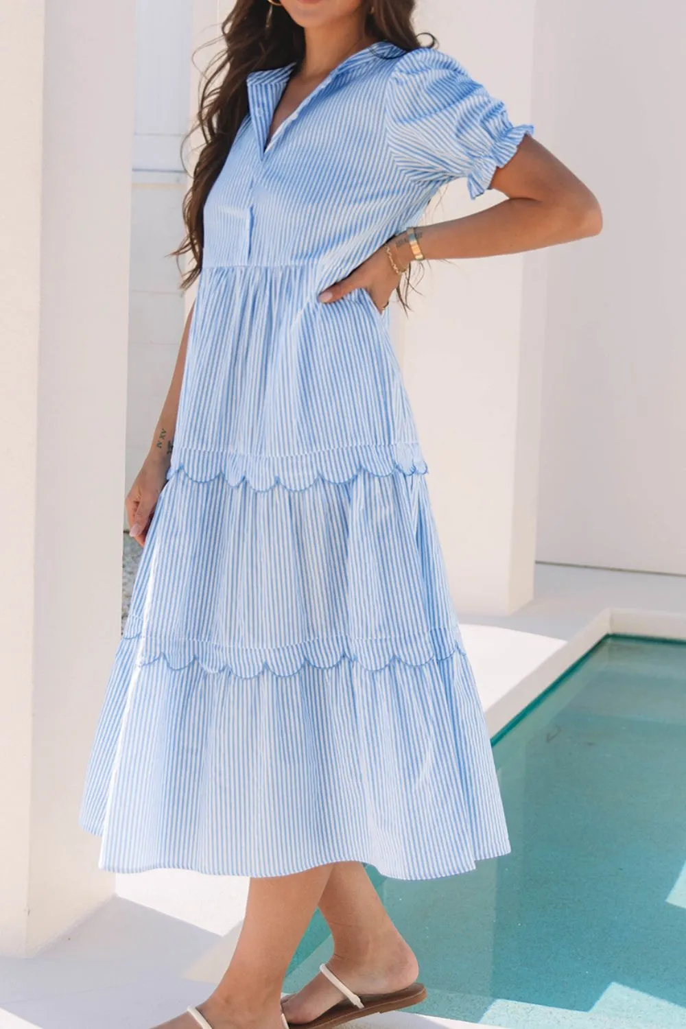 Stripe Bubble Short Sleeve Tiered Scallop Midi Dress, image 5