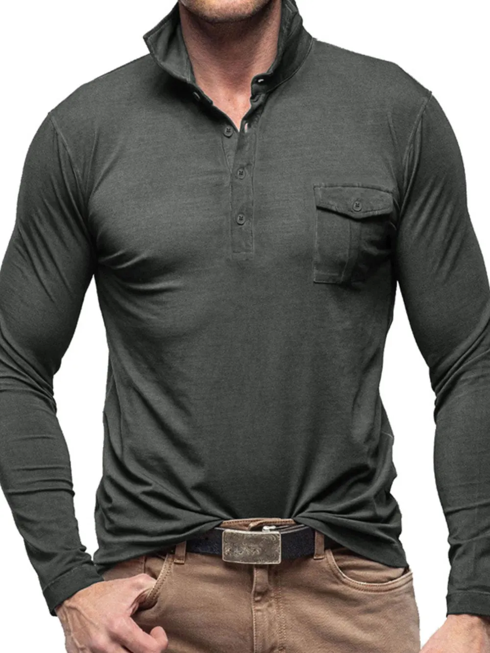 Men's Basic style Collared Neck Long Sleeve Polo, image 9