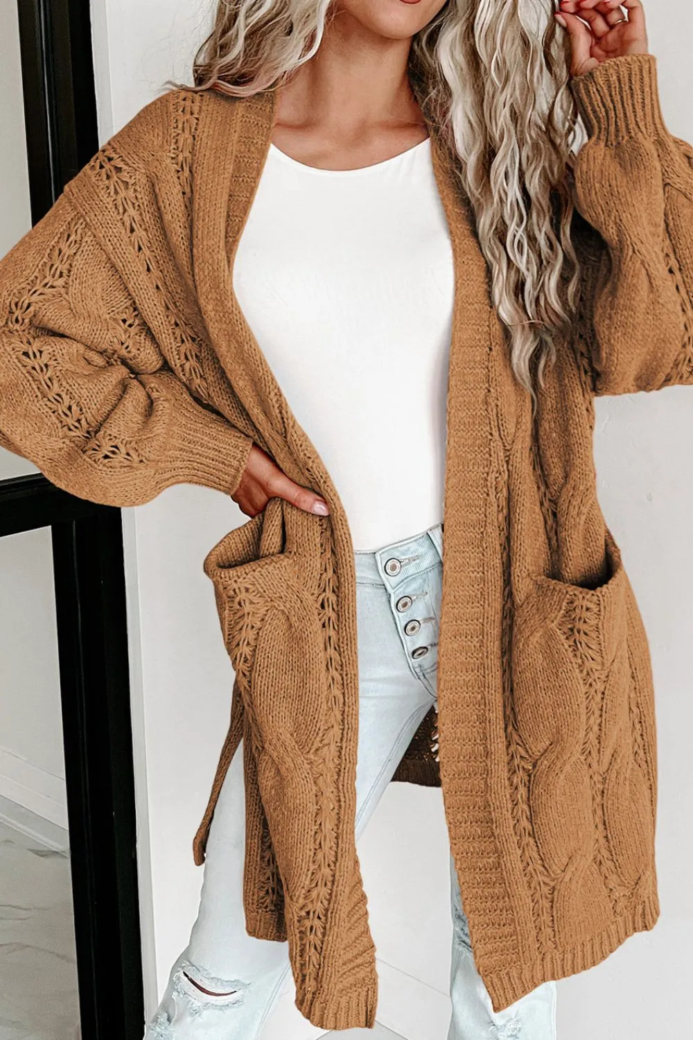 Cable-Knit Dropped Shoulder Slit Cardigan, image 18