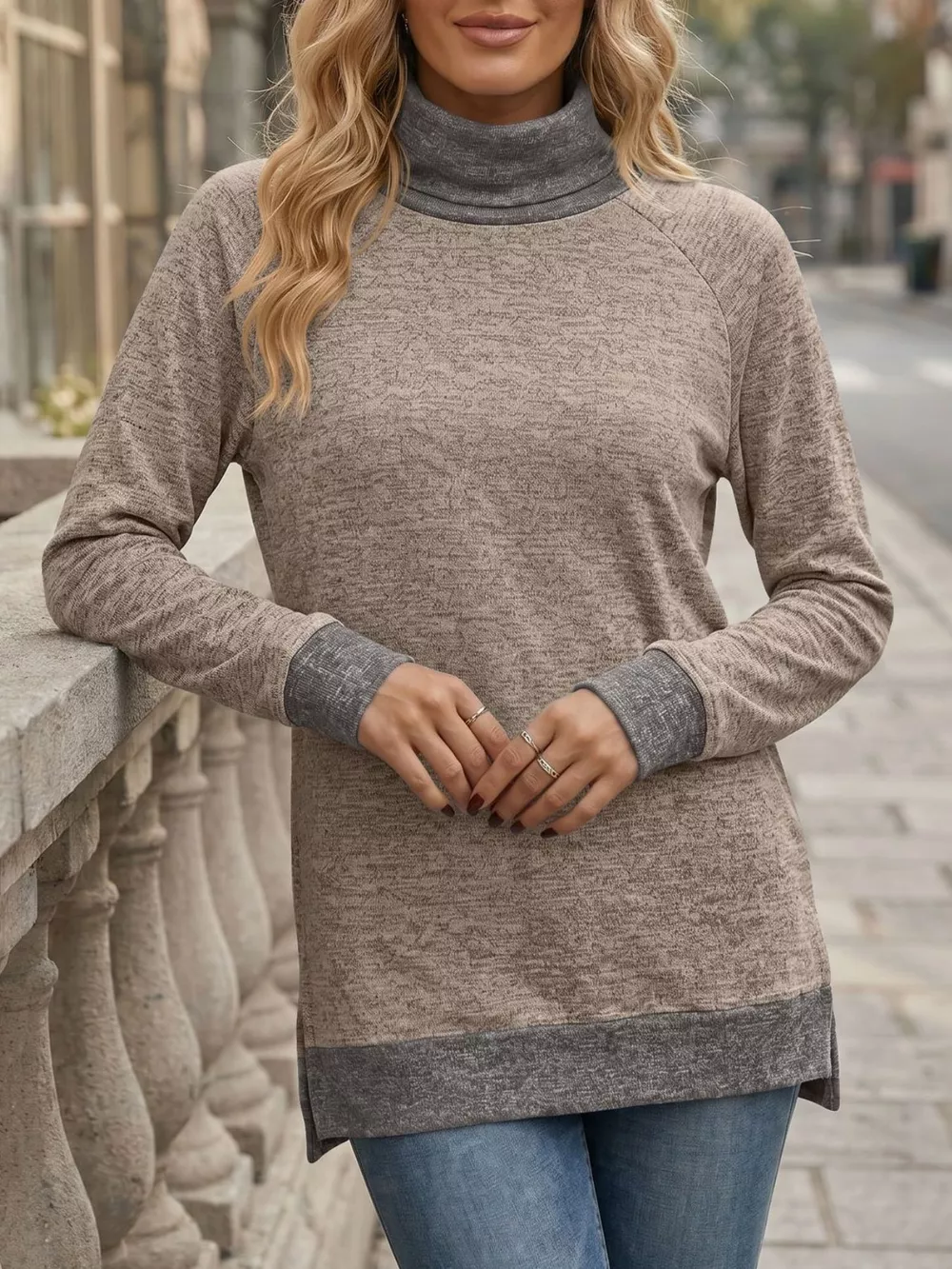Turtleneck Raglan Sleeve T-Shirt, image 2