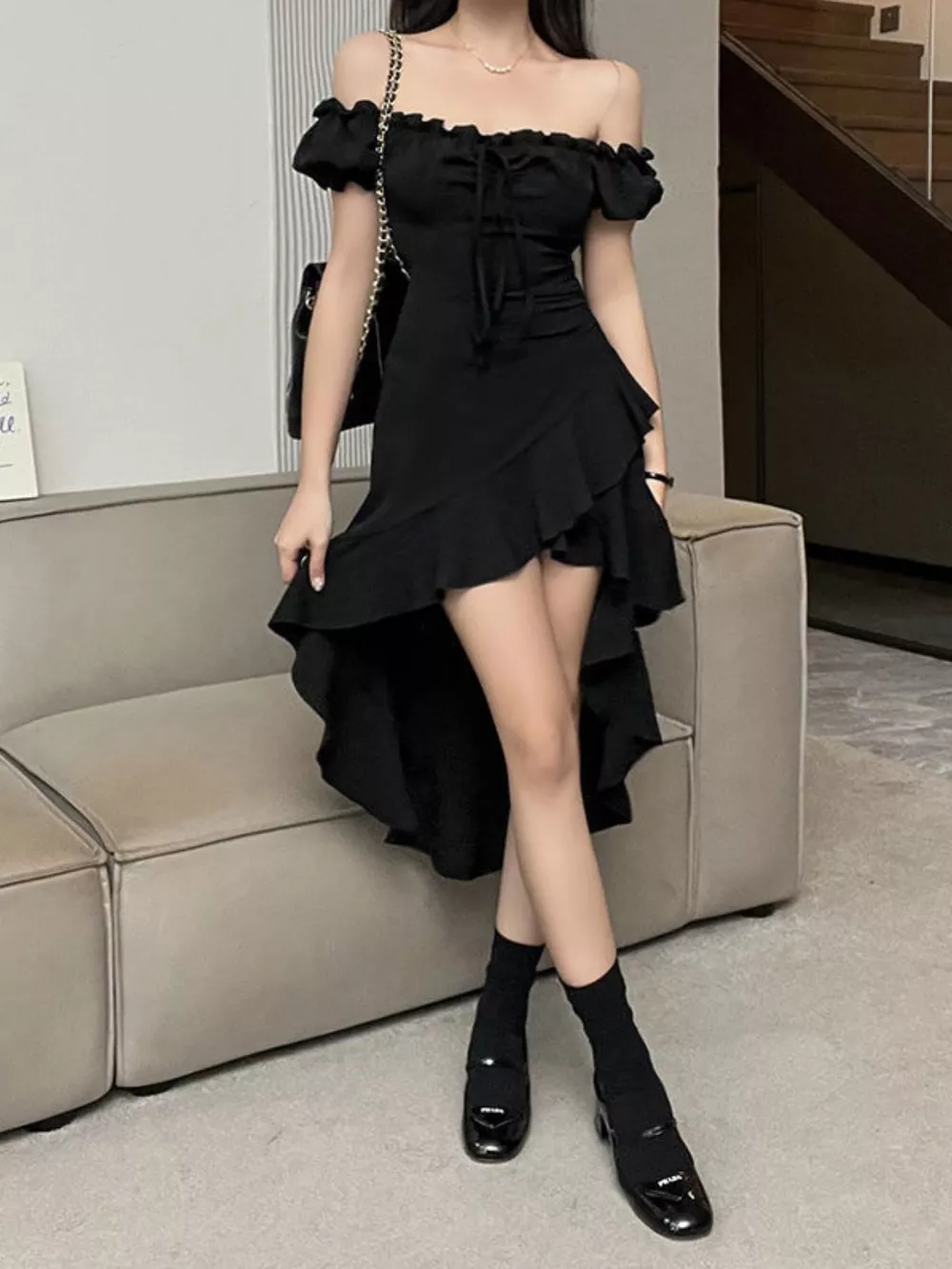 Off-Shoulder Ruffle Hem High-Low Dress, image 5