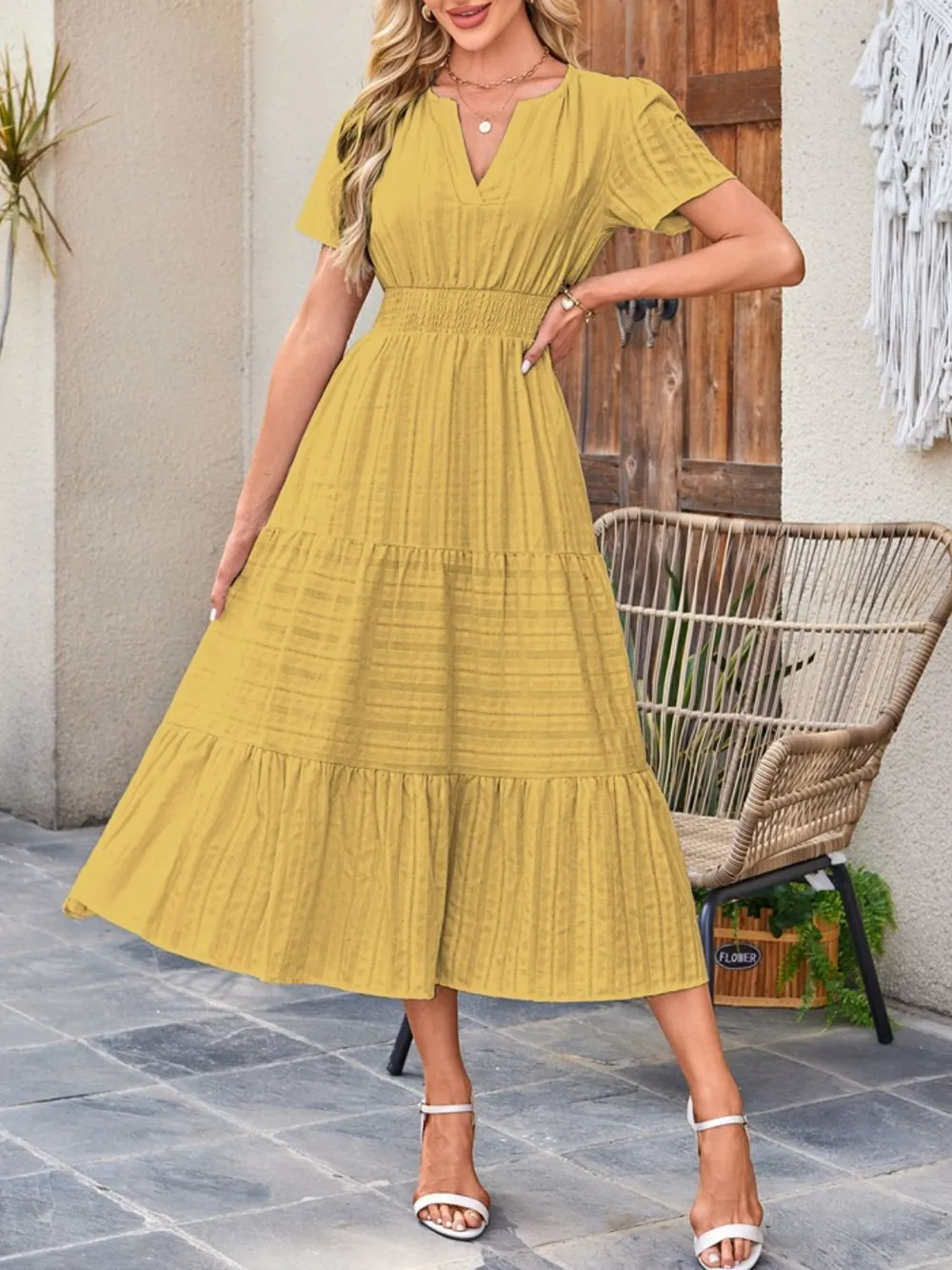 Tiered Notched Short Sleeve Dress, image 10