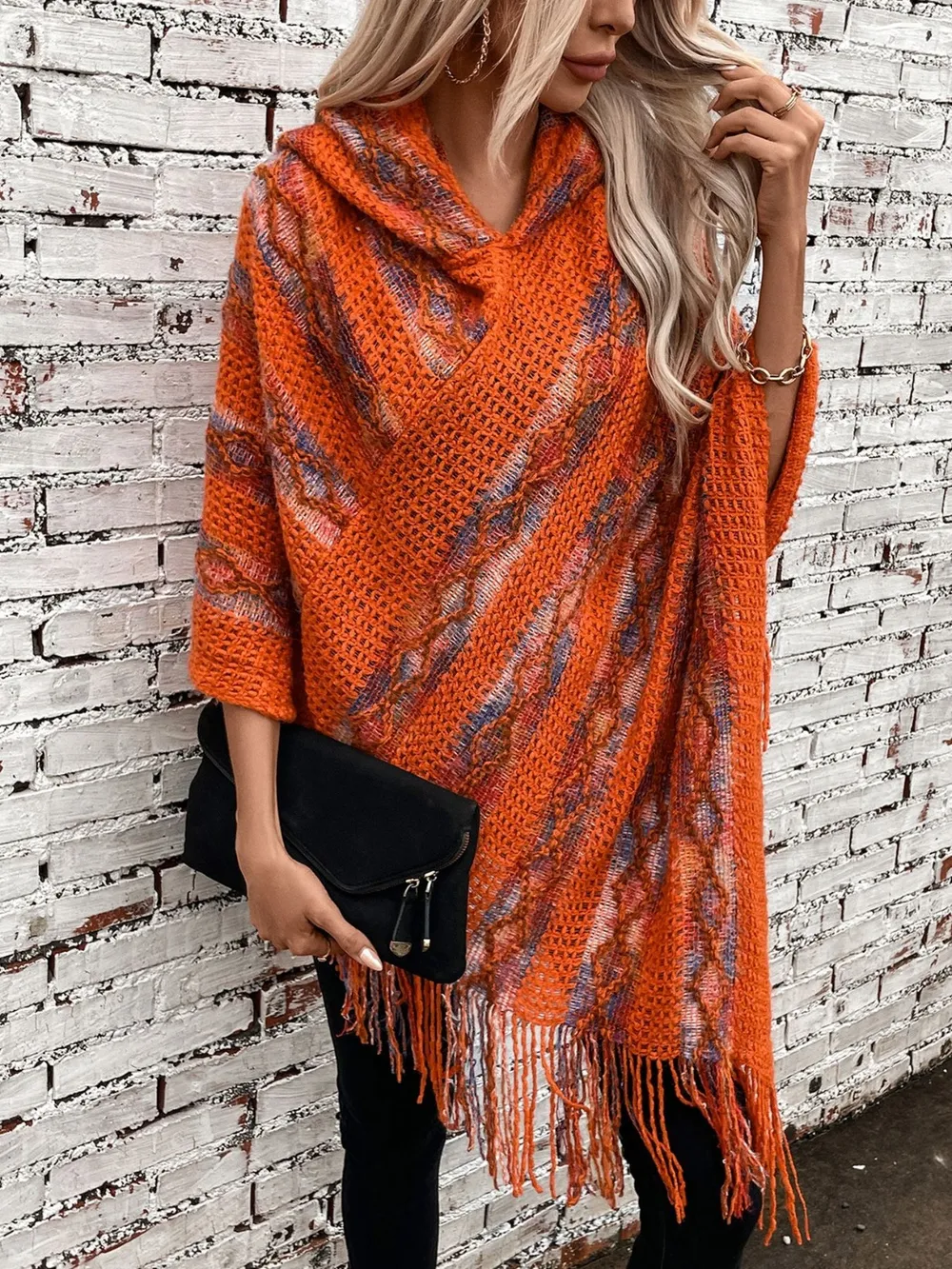 Fringe Contrast Hooded Poncho, image 8