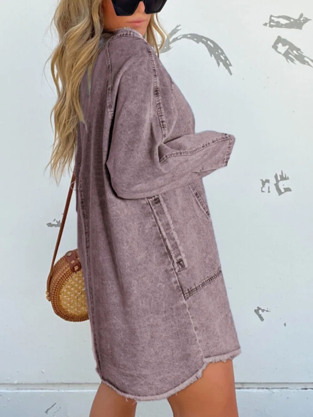Full Size Button-Front Long Sleeve Denim Shirt Dress Plus Size, image 5