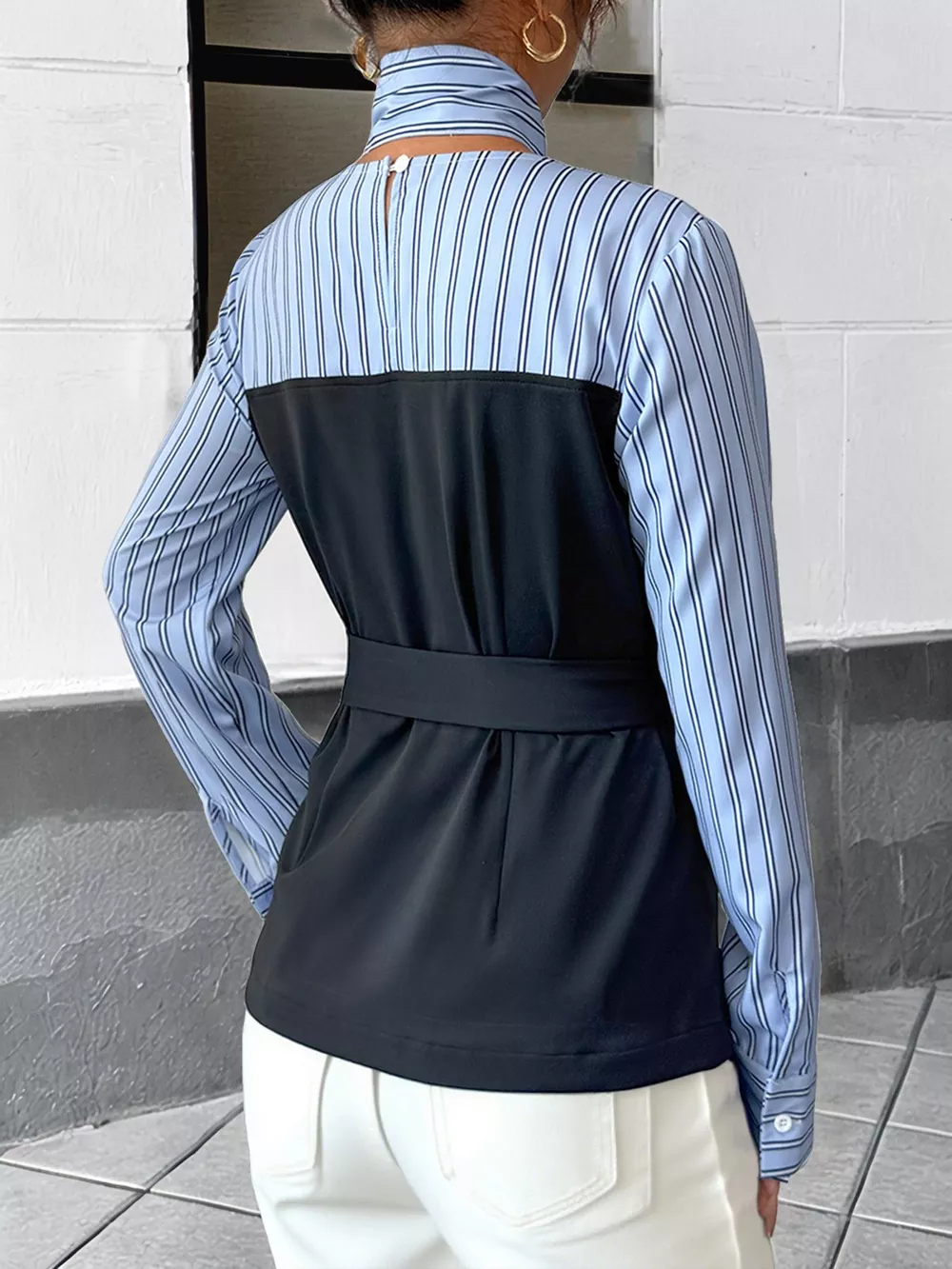 Striped Long Sleeve Blouse with Bow Tie, image 4