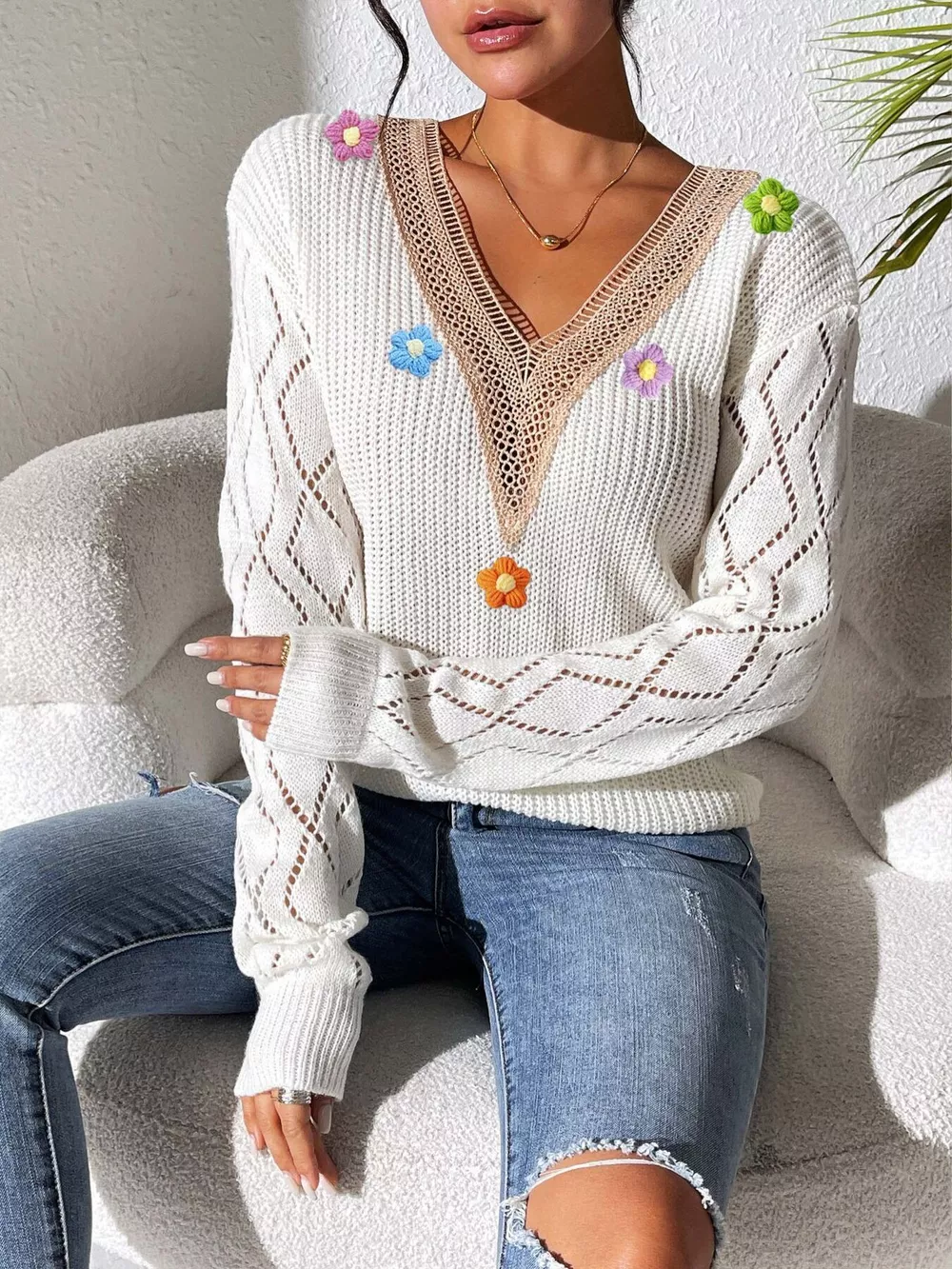 Floral Applique V-Neck Openwork Sweater, image 4