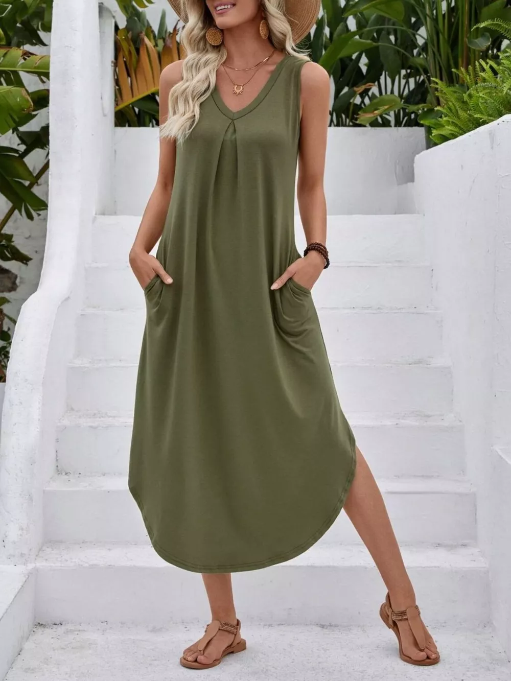 Casual Sleeveless V-Neck Pocket Midi Dress, image 9