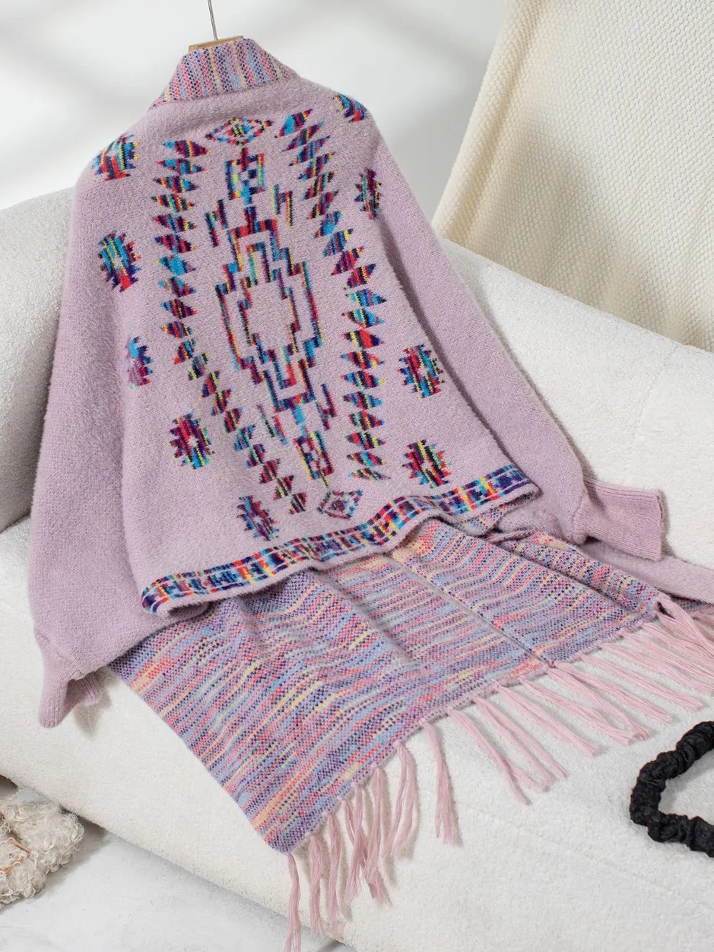 Fringe Geometric Open Front Long Sleeve Cape, image 13