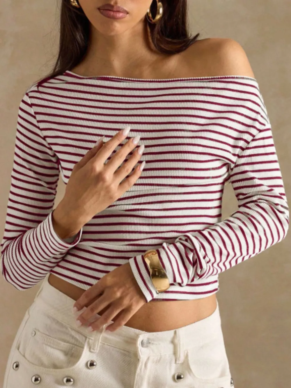 Off-Shoulder Striped Ribbed Long Sleeve T-Shirt, image 3