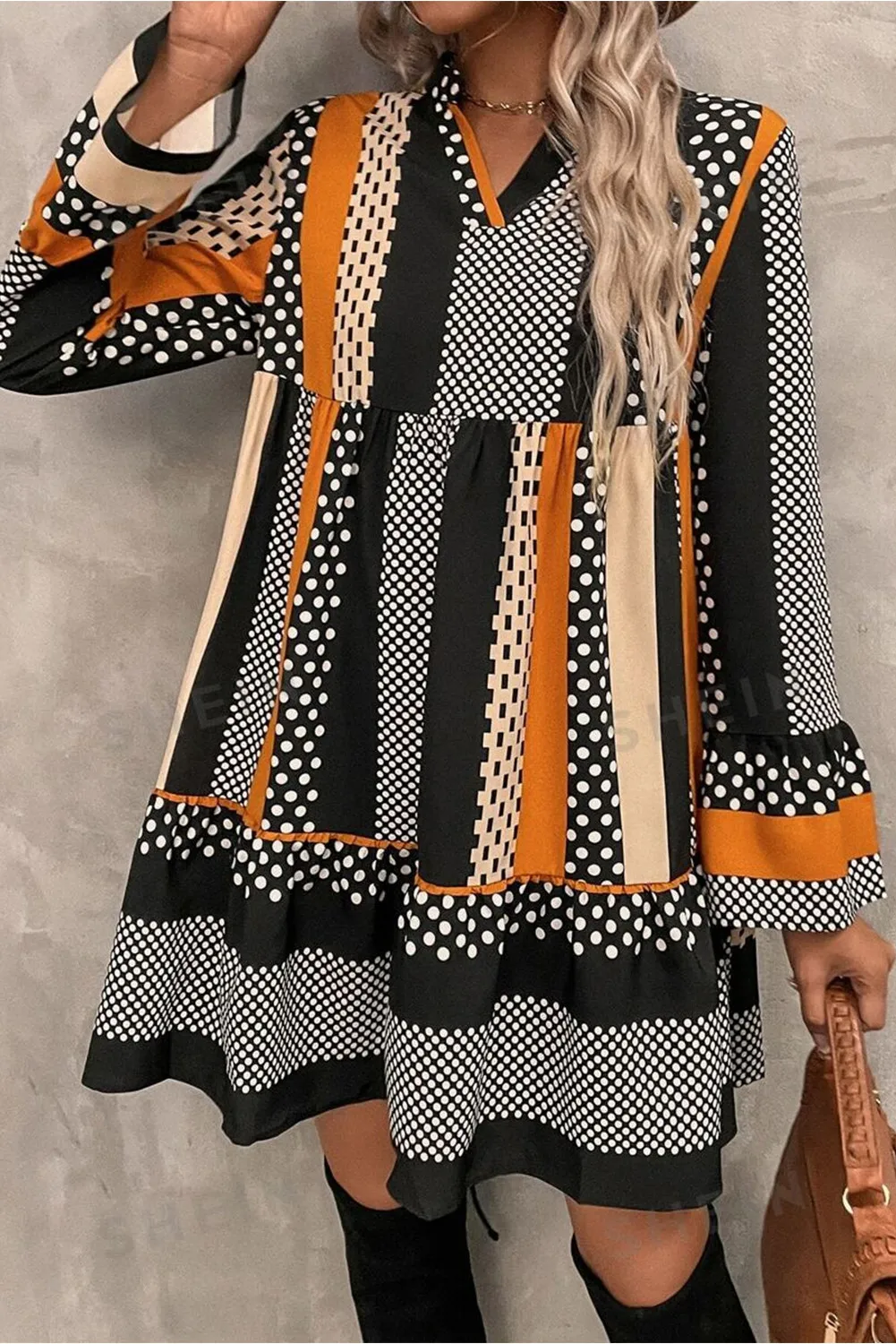 Printed Notched Long Sleeve Mini Dress, image 4