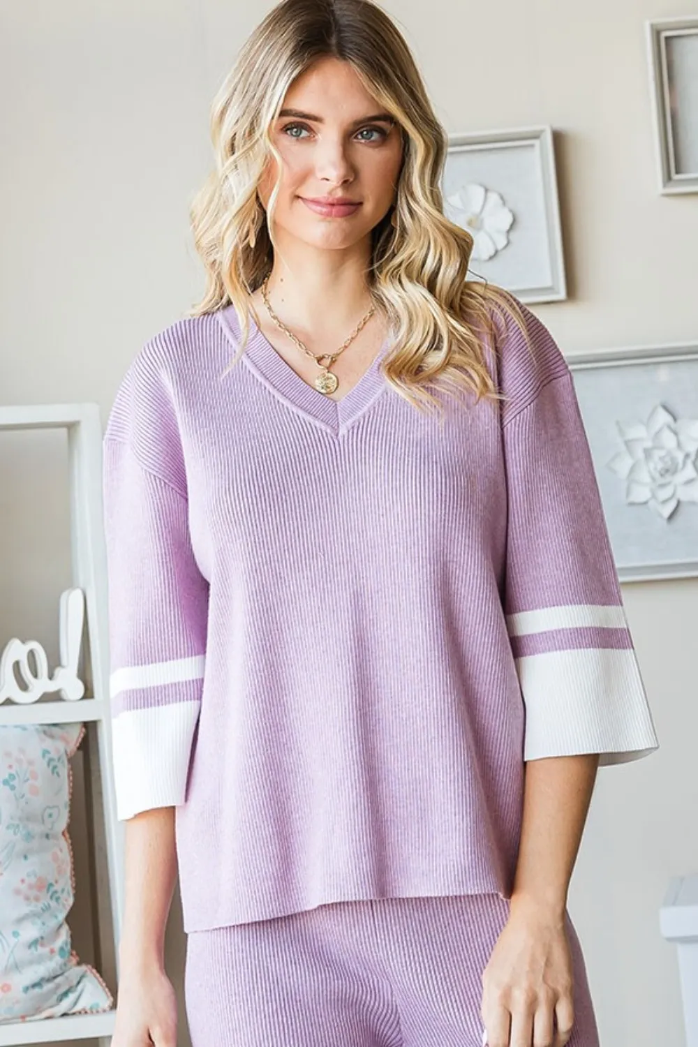 Contrast V Neck Ribbed Knit Top, image 4