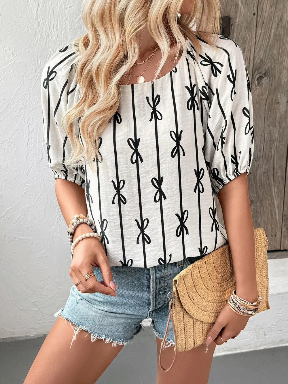 Bow Print Puff Sleeve Casual Blouse, image 3