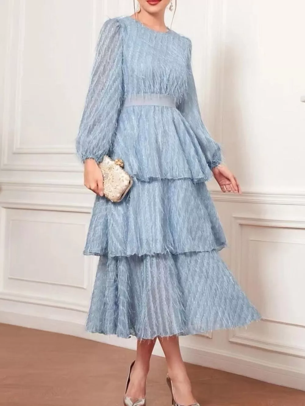 Full Size Layered Balloon Sleeve Midi Dress Plus Size, image 2