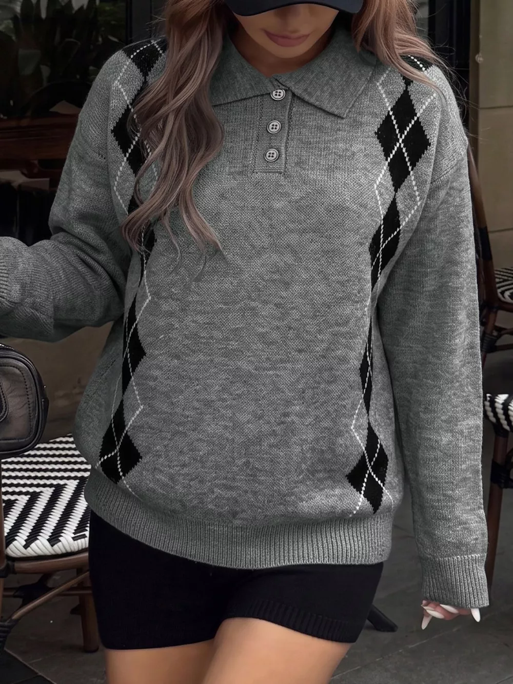 Argyle Patterned Polo Collar Sweater, image 3