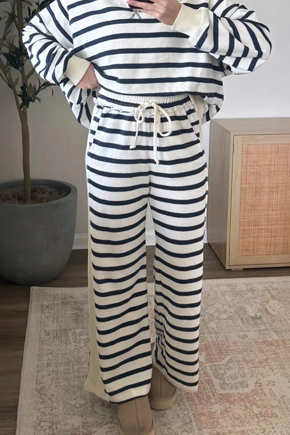 Striped Long Sleeve Top and Wide-Leg Pants Set, image 3