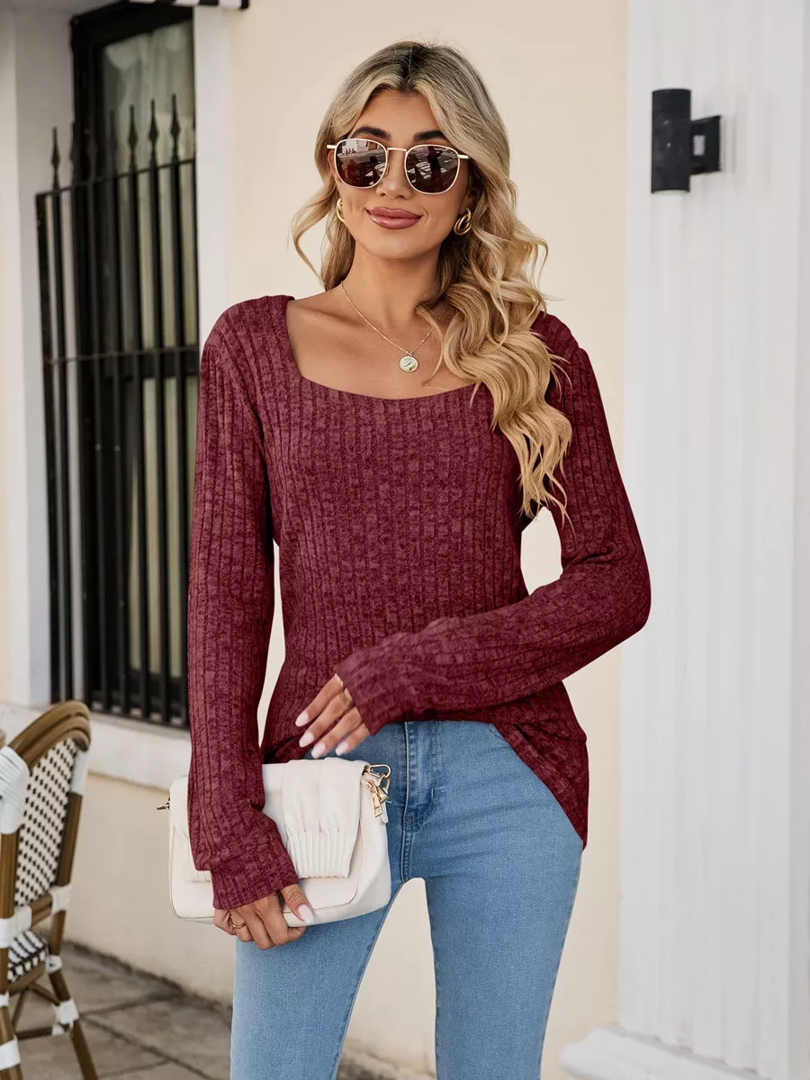 Ribbed Square Neck Long Sleeve T-Shirt, image 13