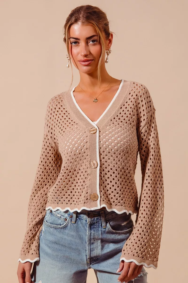 Open Knit Light Weight Sweater Cardigan With Contrast Wavy Scallop Edge, image 4