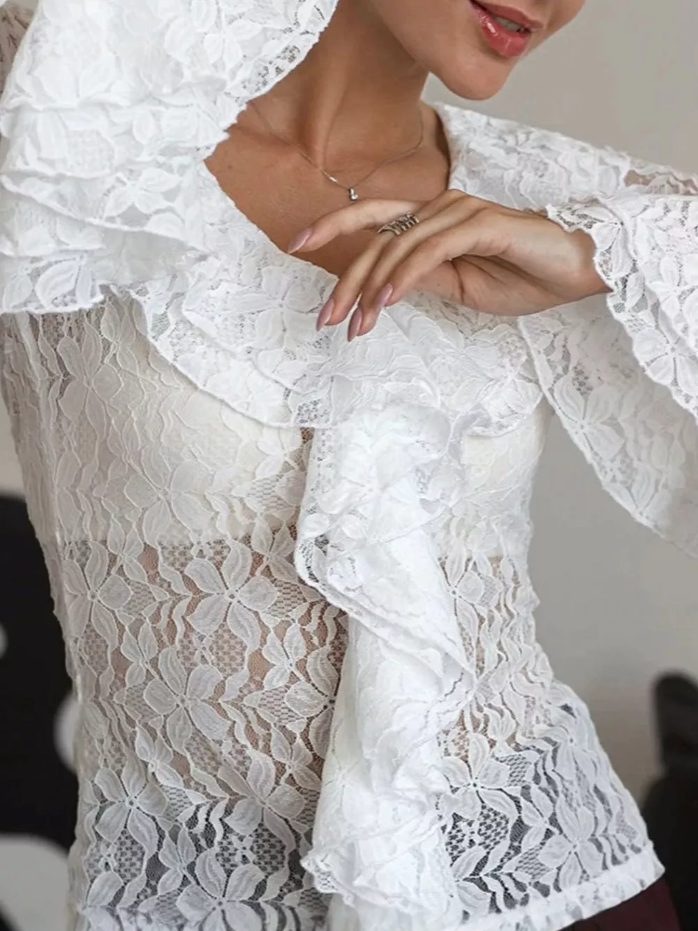 Lace V-Neck Flare Sleeve Blouse, image 4