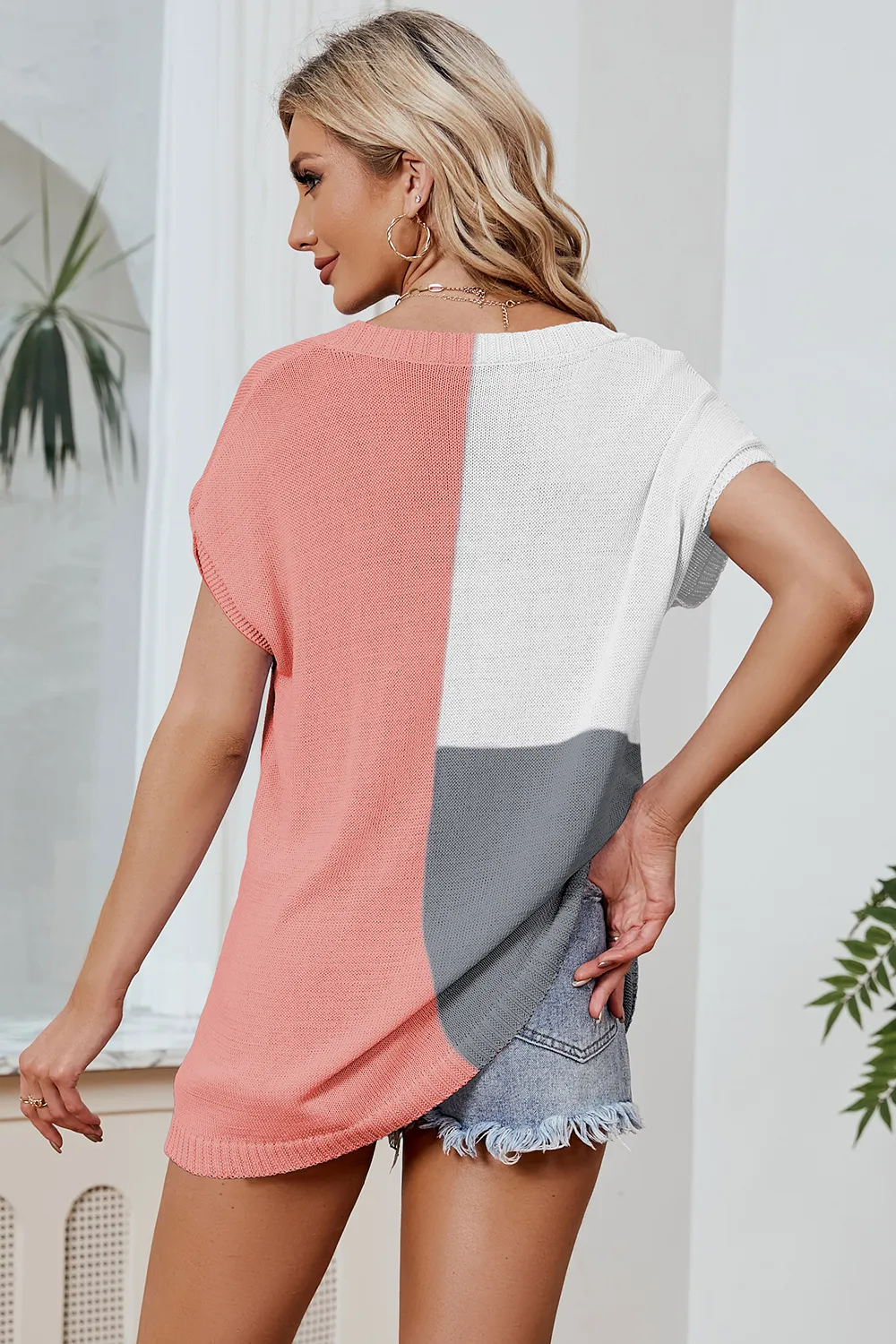 Color Block V-Neck Short Sleeve Knit Top, image 5