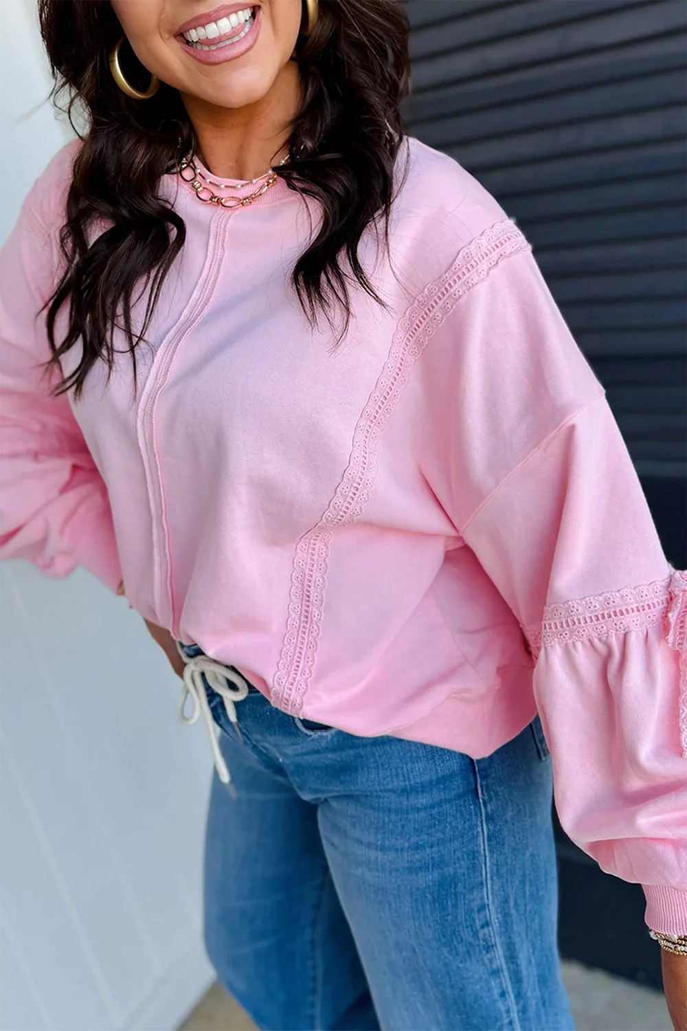 Solid Color Raw Seam Lace Detail Loose Casual Sweatshirt, image 3