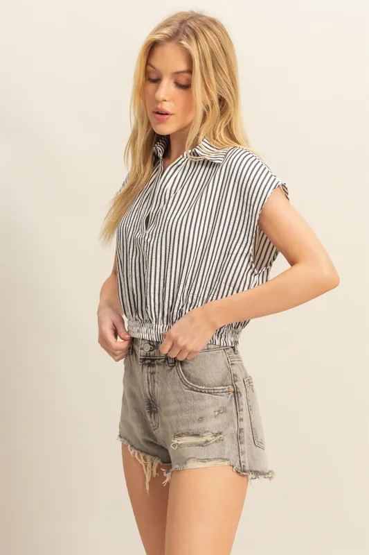 Striped Elastic Hem Johnny Collar Cap Sleeve Blouse, image 2