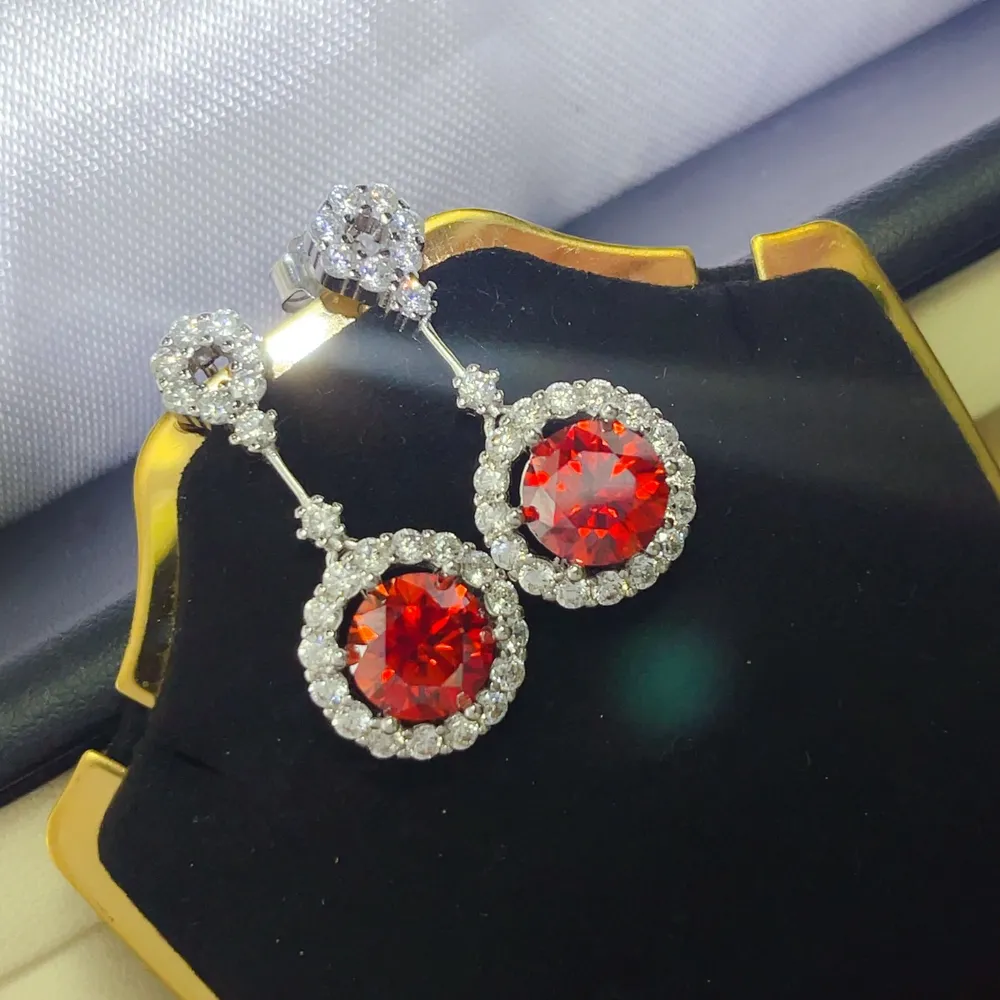 4 Carat Ruby Red Crystal Drop Earrings with Rhinestone Halo, image 4