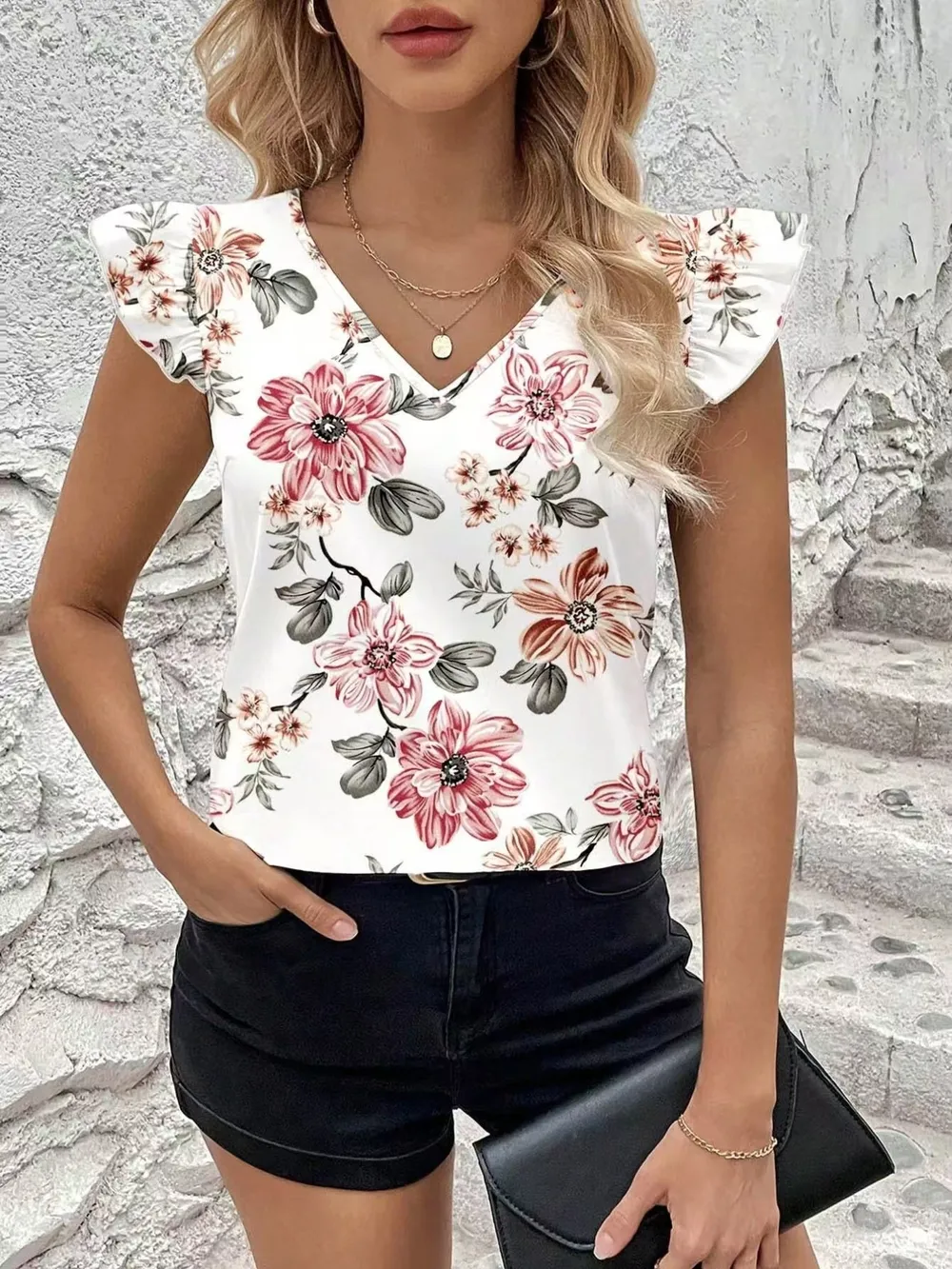 Floral Print Ruffle Sleeve V-Neck Blouse, image 19