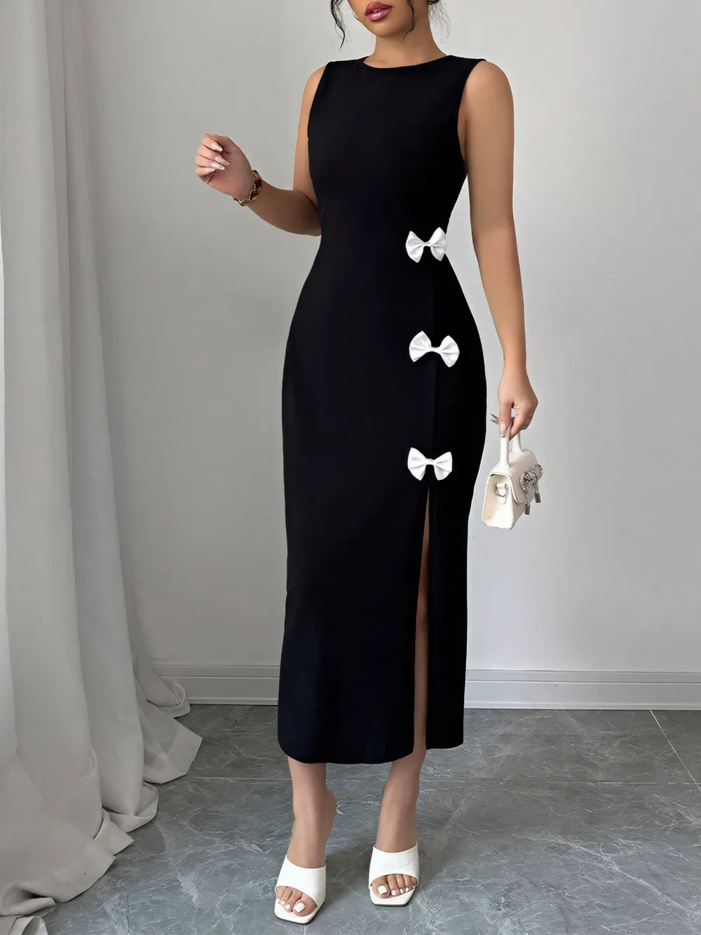 Bow Slit Round Neck Sleeveless Dress, image 3