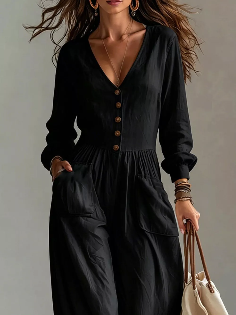 V-Neck Long Sleeve Button-Down Wide Leg Jumpsuit, image 10