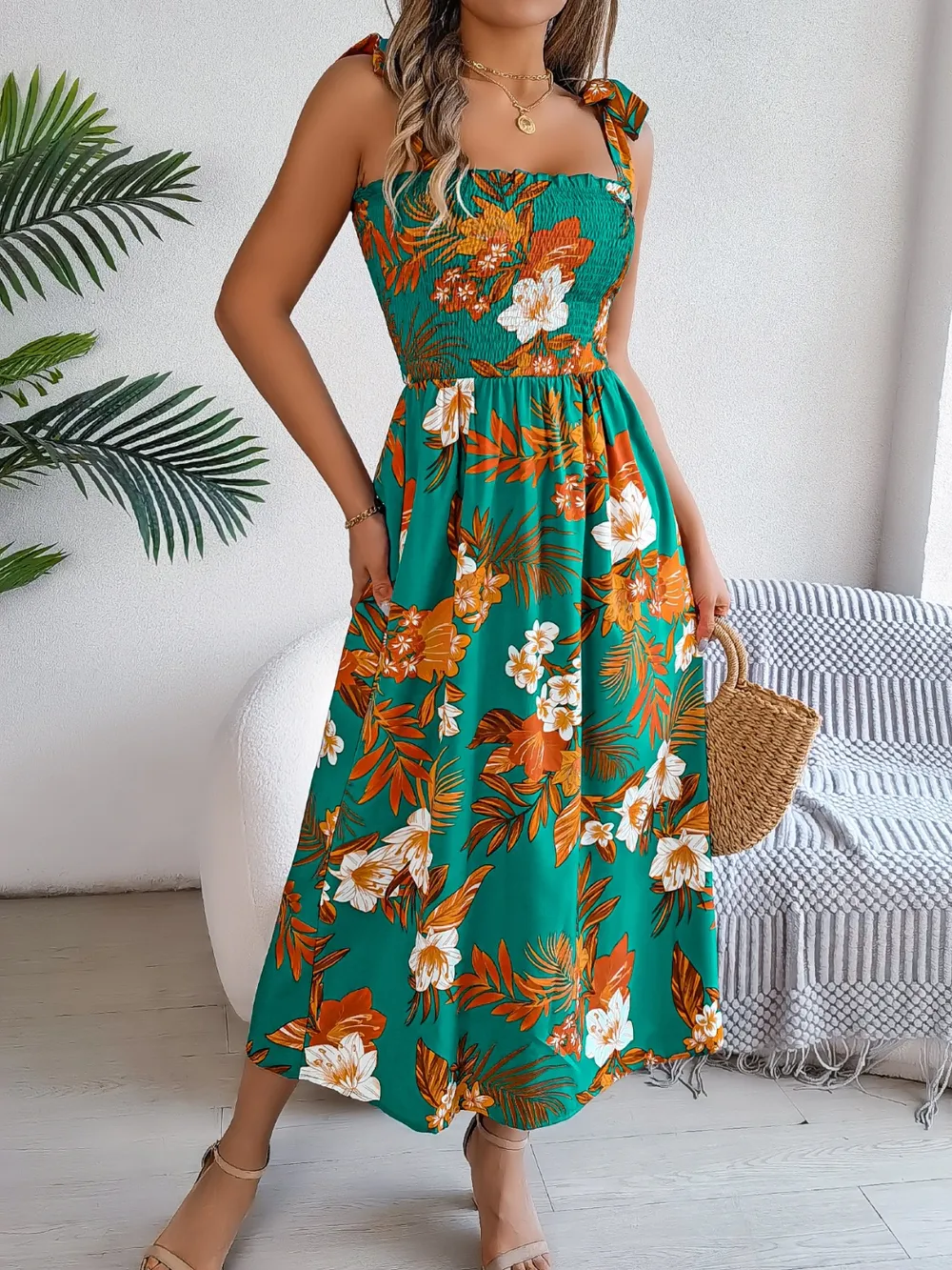 Smocked Floral Tie Shoulder Midi Dress, image 6
