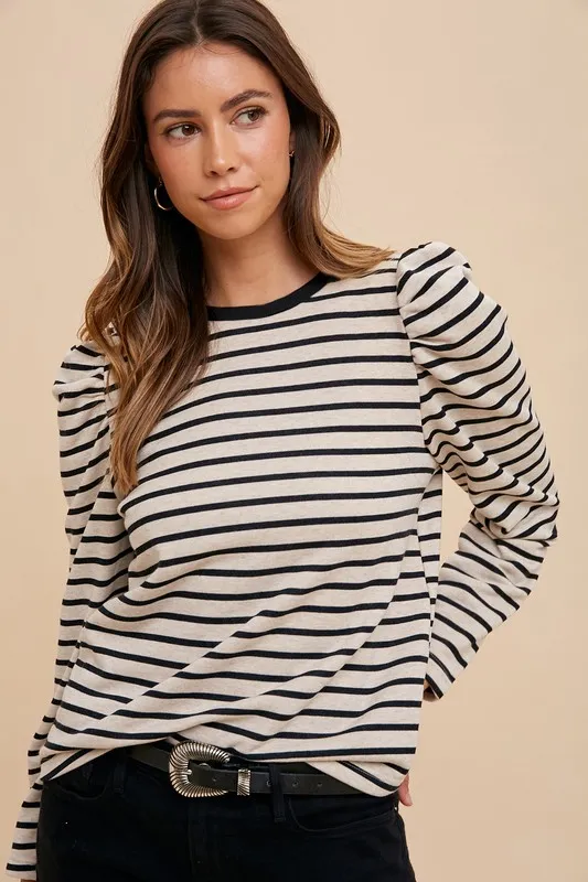 Striped Round Neck Puff Sleeve French Terry Top, image 2