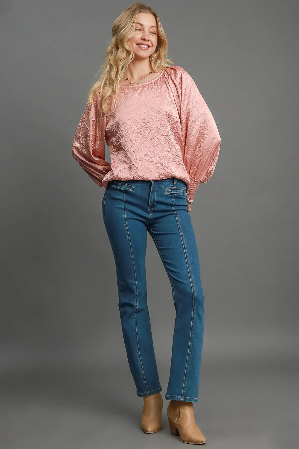 Wrinkled Round Neck Lantern Sleeve Blouse, image 5