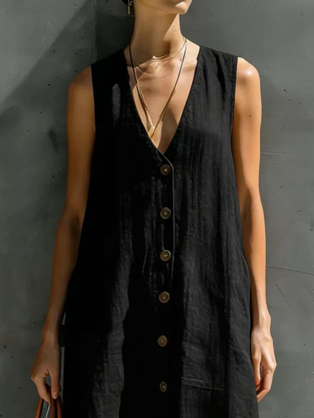 Full Size Sleeveless V-Neck Button-Down Linen Maxi Dress Plus Size, image 4