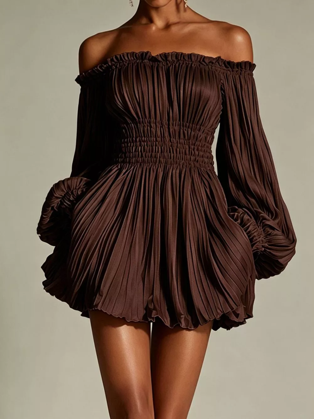 Off-Shoulder Pleated Mini Dress, image 5