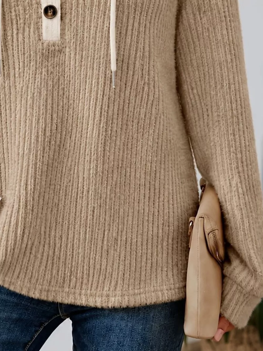 Full Size Drawstring Button Detail Hooded Sweater Plus Size, image 15