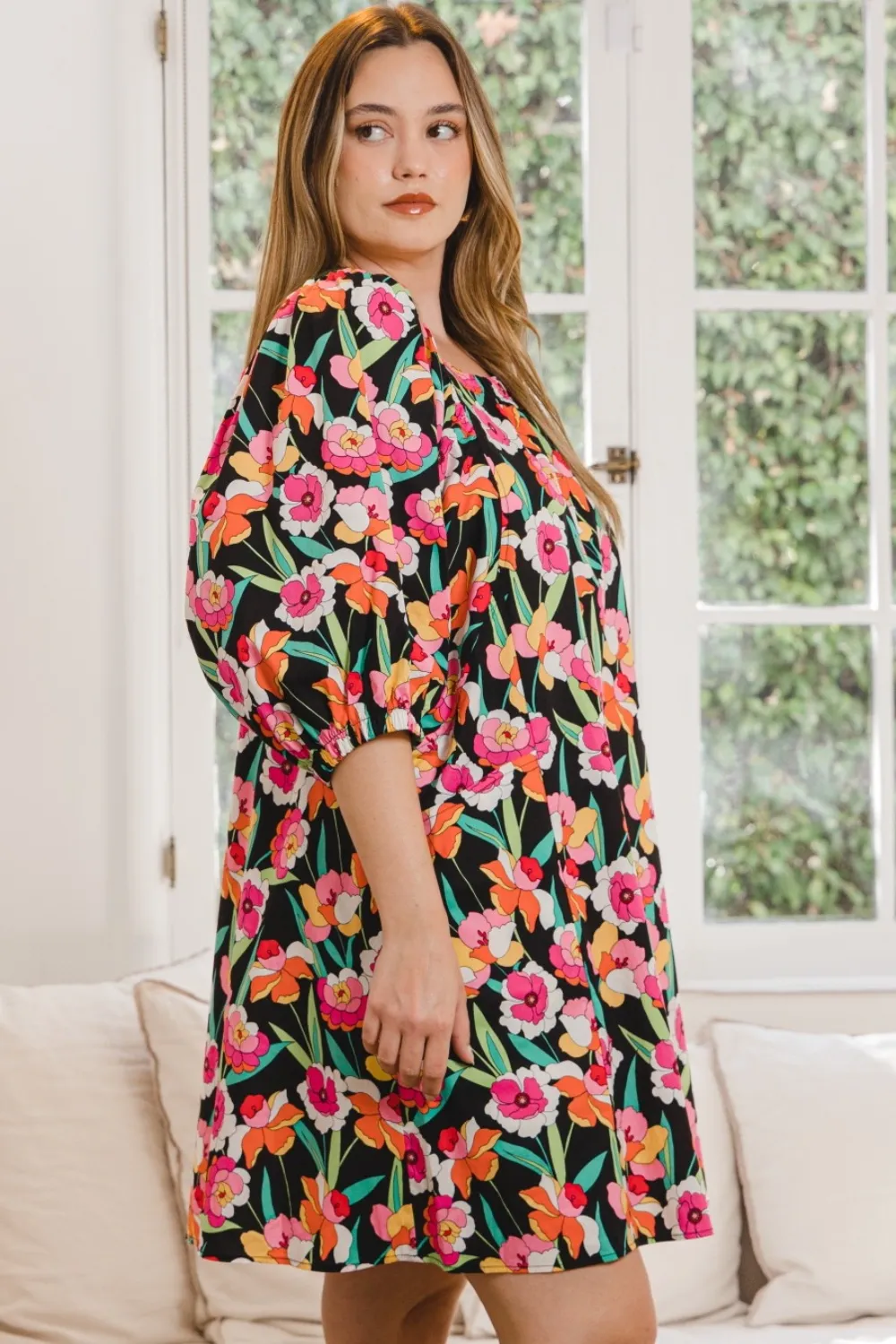 Full Size Floral Puff Sleeve Mini Dress, image 3