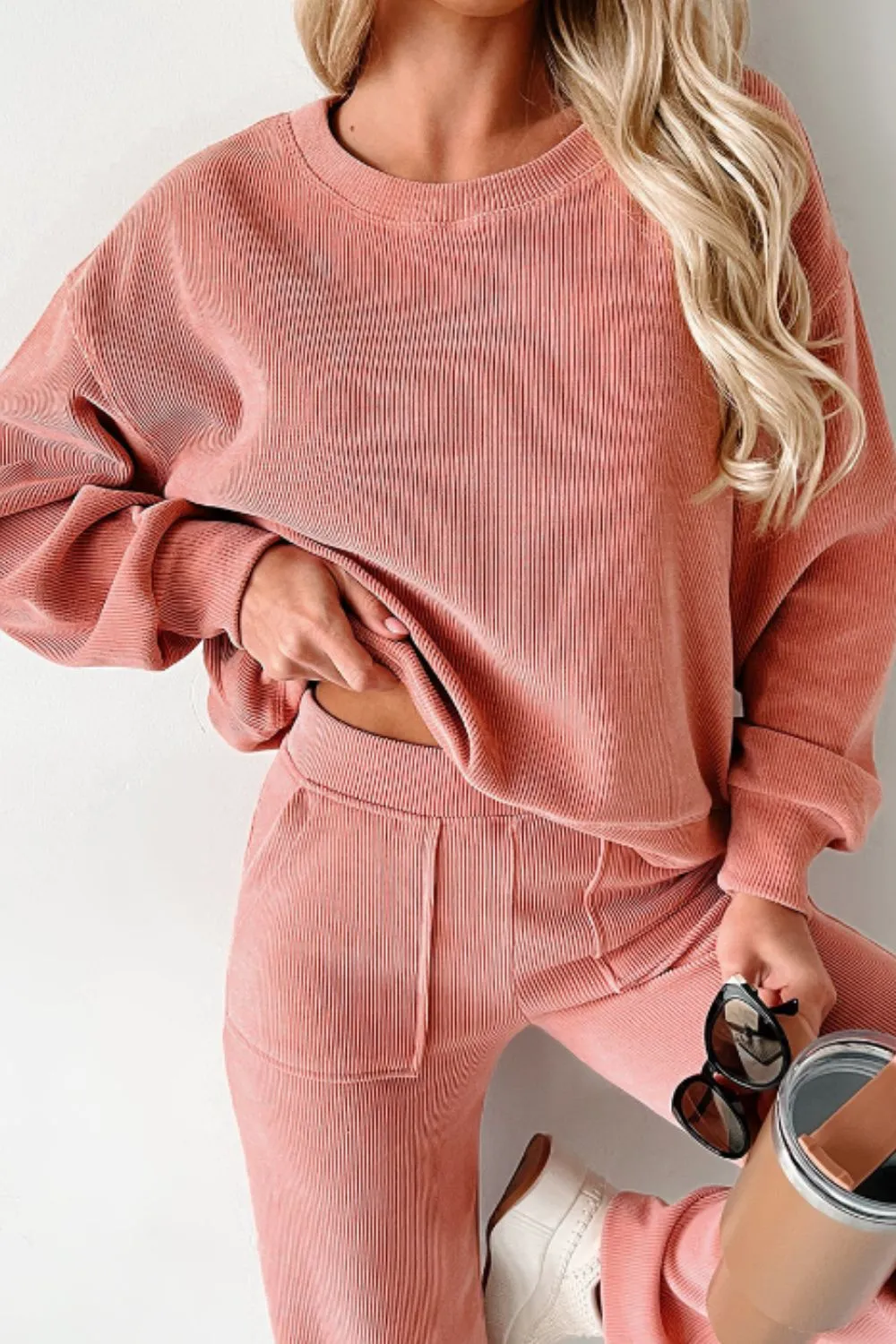 Round Neck Long Sleeve Top and Pants Set, image 6