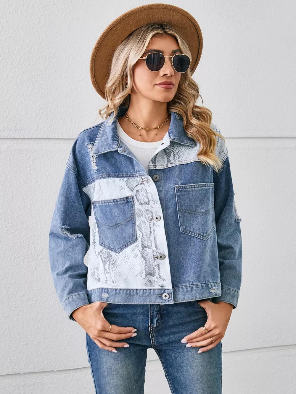 Snake Print Button Up Denim Jacket, image 2