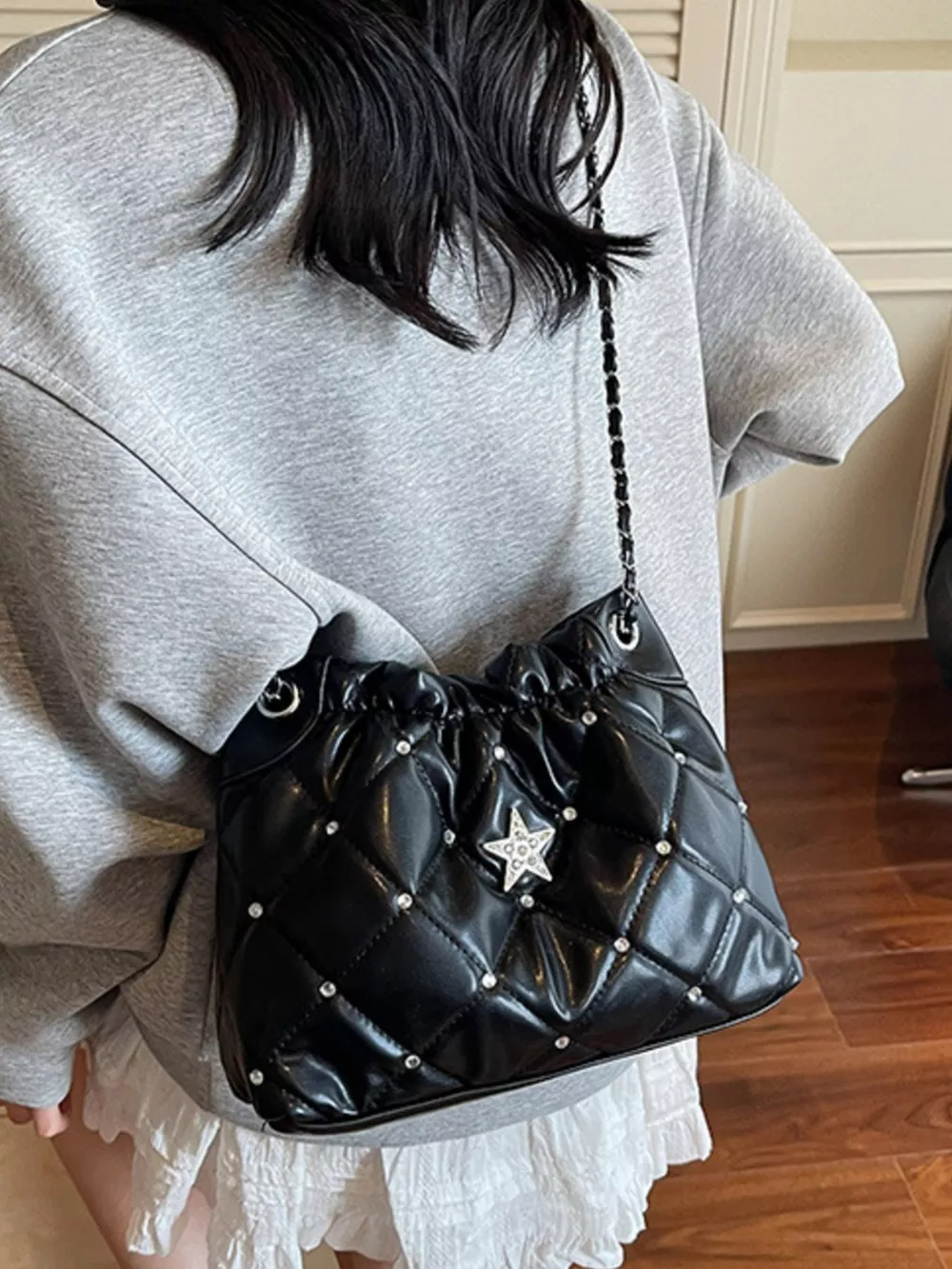 Quilted Rhinestone Star Decor Shoulder Bag, image 7