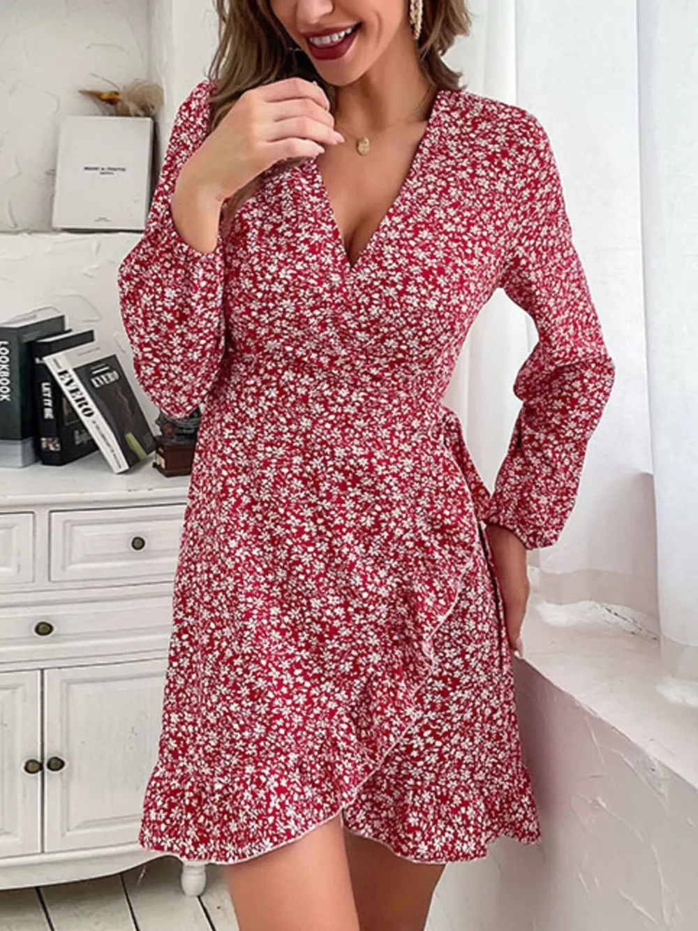 Floral Print Wrap Mini Dress, image 3
