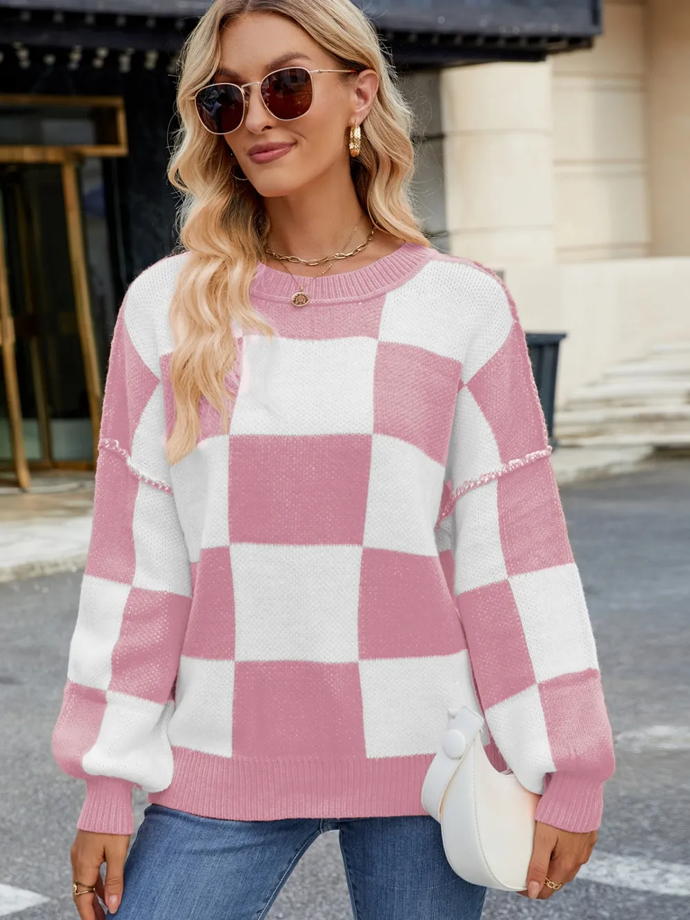 Checkered Round Neck Long Sleeve Sweater, image 9