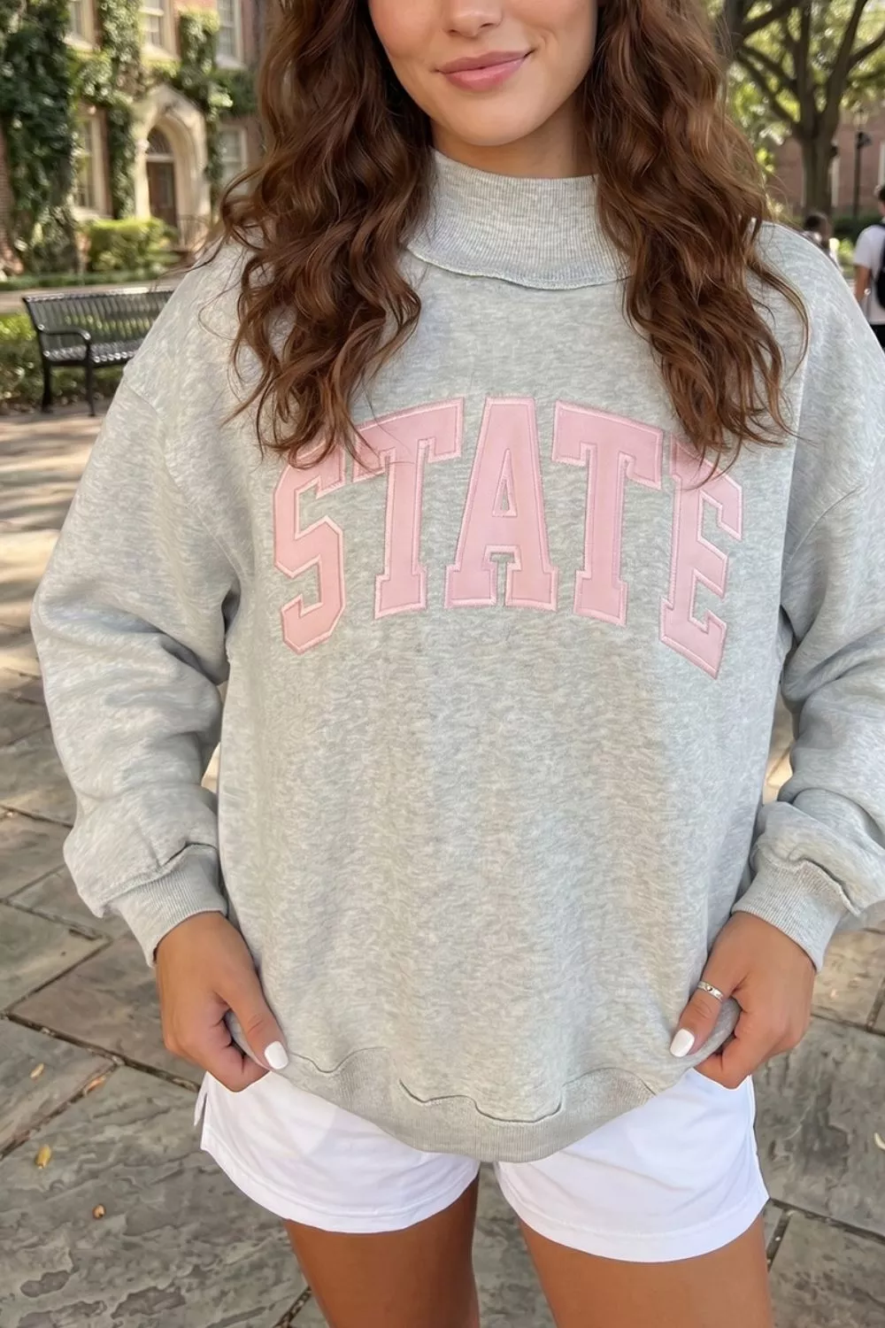 Exposed Seam Mock Neck STATE Letter Graphic Loose Sweatshirt, image 2