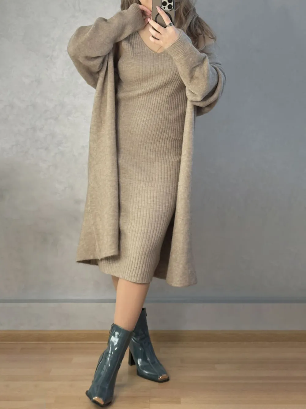 V-Neck Cami Dress and Open Front Cardigan Sweater Set, image 12