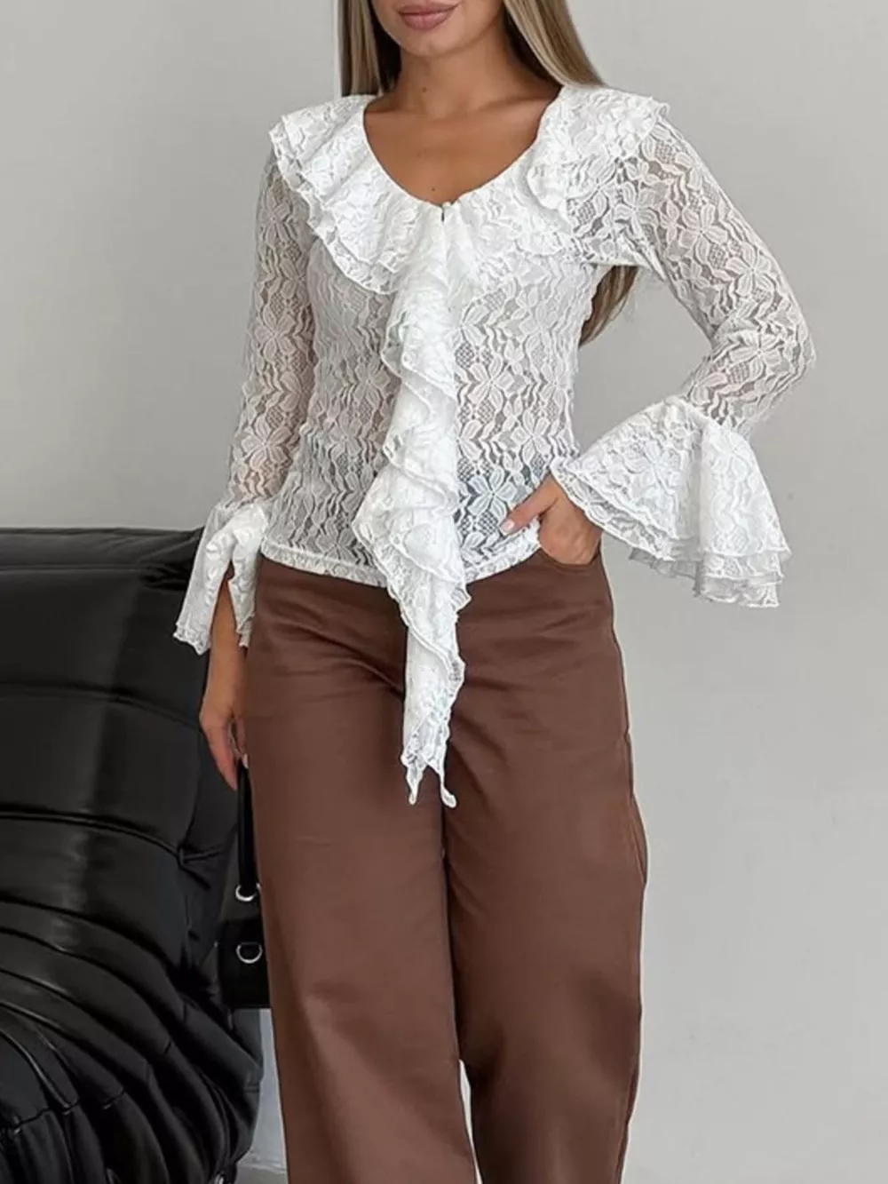 Ruffle Lace Flounce Sleeve Blouse, image 7