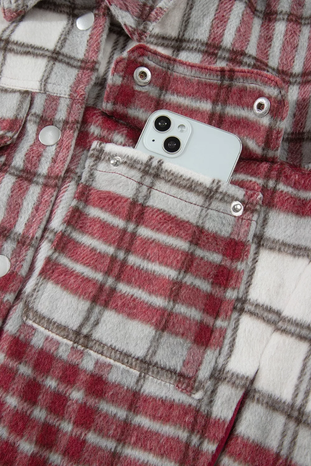 Plaid Flannel Metal Button Collar Long Sleeve Vintage Shift Jacket, image 7