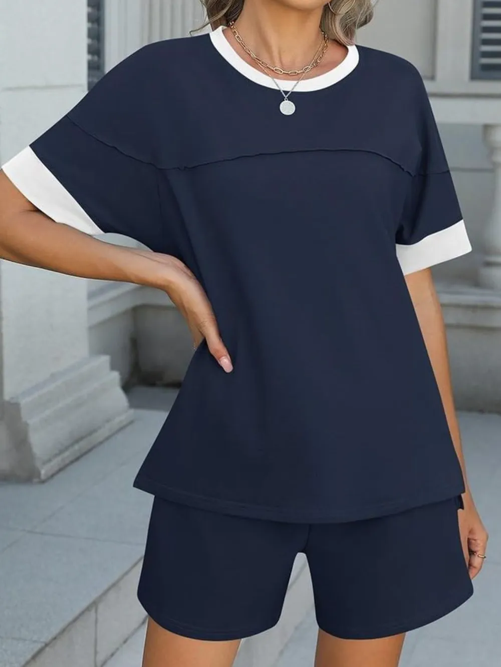 Round Neck Short Sleeve Top and Shorts Set, image 7